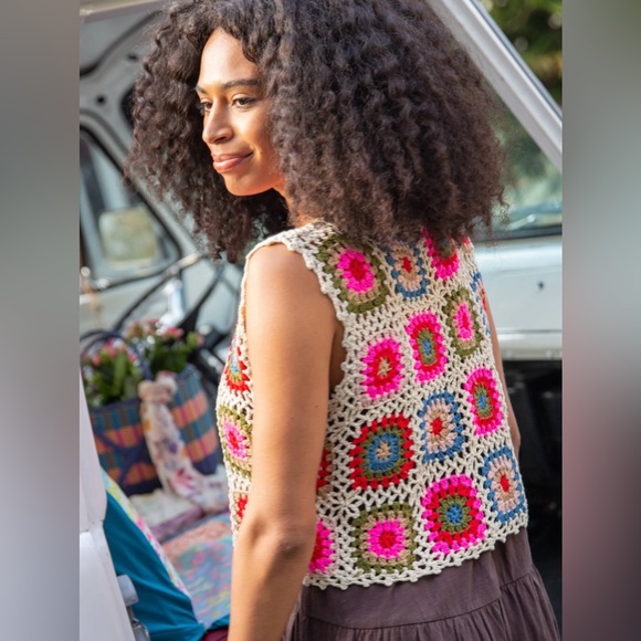 NATURAL LIFE Crochet Granny Square Colorful Boho Hippie Tie-Front Vest Size L/XL - Picture 2 of 14